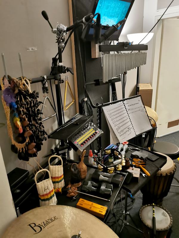 Schlaginstrumente beim Musical Tarzan hinter den Kulissen: Chimes, Trommeln, Schellring, Rasseln