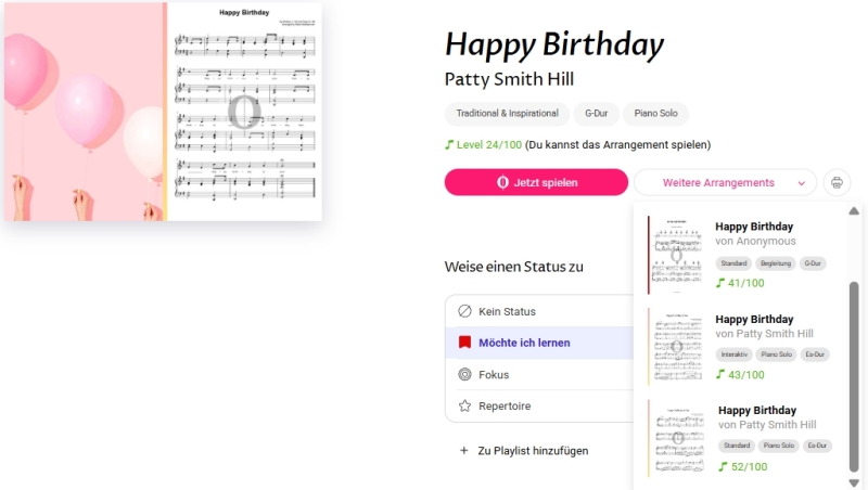 Arrangements von Happy Birthday in der Klaviernotenbibliothek von OKTAV