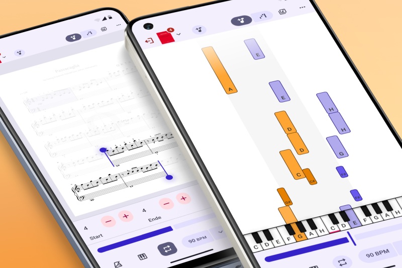 Falling Notes Modus in der Notenplattform OKTAV für Piano